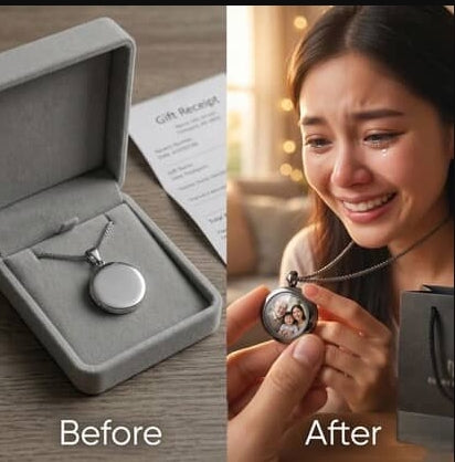 Before and after comparison of a necklace with a photo pendant.