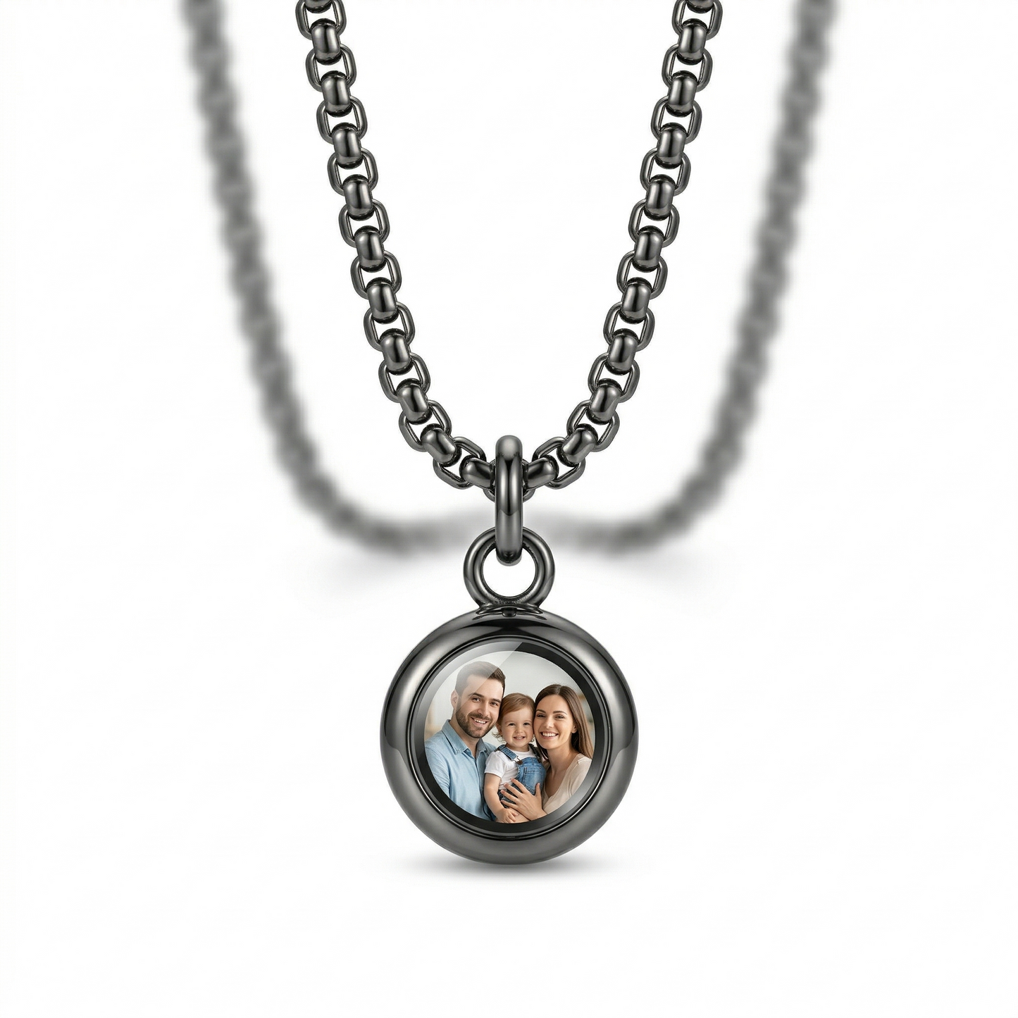 Necklace with a round pendant featuring a family photo on a white background