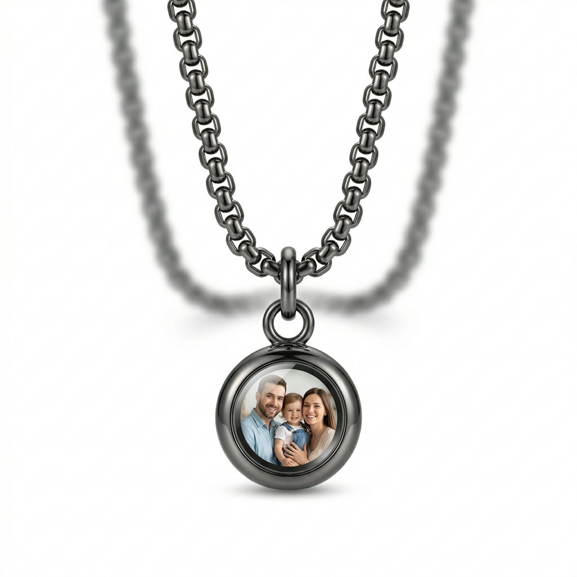 Necklace with a round pendant featuring a family photo on a white background