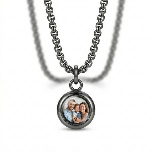 Necklace with a round pendant featuring a family photo on a white background