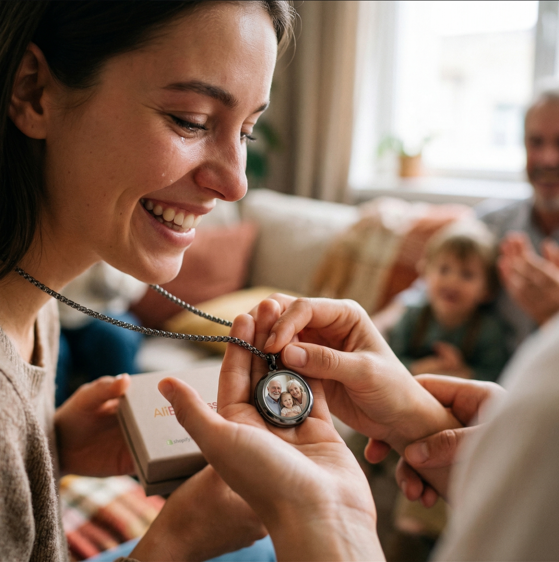 Woman receiving a necklace with a pendant from a person, with a family in the background.